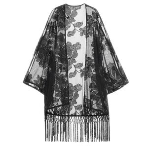 La Blanca Fringe And Roses Fringe Lace Swim Cover-Up Kimono M
